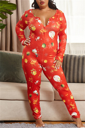 Red Fashion Casual Print Basic V-Ausschnitt Plus Size Jumpsuits