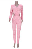 Macacão skinny rosa fashion sexy sólido vazado dobrável com decote em V