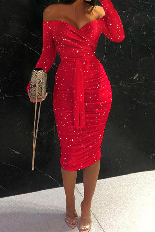 Rote Mode Sexy Print Backless Falten Sie die Schulter-Langarm-Kleider