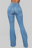 Jeans in denim normale a vita alta casual tinta unita blu baby