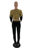 Black Fashion Casual Print Leopard Patchwork Fold V Neck Long Sleeve Two Pieces