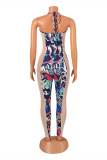 Blauwe mode sexy patchwork print backless halter skinny jumpsuits