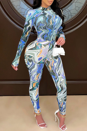 Blue Fashion Sexy Print Basic Turtleneck Long Sleeve Two Pieces