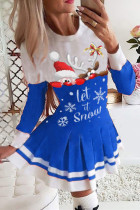 Blå Mode Casual Print Santa Claus Patchwork O-hals långärmade klänningar