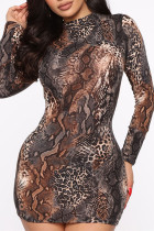 Brown Fashion Sexy Print Basic Turtleneck Long Sleeve Dresses