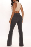 Jeans jeans preto moda casual sólido básico cintura alta regular