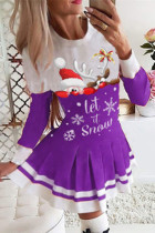 Lila Mode Lässiger Druck Weihnachtsmann Patchwork O-Ausschnitt Langarm Kleider