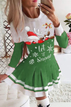 Grönt mode Casual Print Santa Claus Patchwork O-hals långärmade klänningar