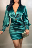 Blaue Mode Sexy Solide Ausgehöhlte Falten V-Ausschnitt Langarm Kleider