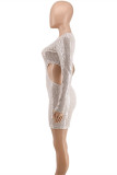 Witte mode sexy patchwork uitgeholde pailletten O-hals lange mouwen plus size jurken