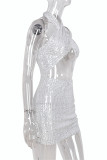 Белое модное сексуальное лоскутное платье с блестками и открытой спиной, без рукавов, с лямкой на шее, платья