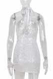 Weiße Mode Sexy Patchwork ausgehöhlte Pailletten rückenfreie Halfter ärmellose Kleider