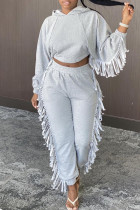 Gray White Fashion Casual Solid Tassel Hooded Collar Long Sleeve Two Pieces