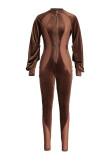 Brown Fashion Casual Solid Patchwork Zipper Collar Regular Jumpsuits