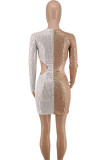 White Fashion Sexy Patchwork Hollowed Out Sequins O Neck Long Sleeve Plus Size Dresses