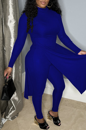 Blue Fashion Casual Solid Slit Half A Turtleneck Long Sleeve Two Pieces