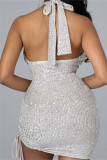 Белое модное сексуальное лоскутное платье с блестками и открытой спиной, без рукавов, с лямкой на шее, платья