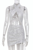 ホワイトファッションセクシーなパッチワークくり抜かれたスパンコール背中の開いたホルターノースリーブドレスドレス