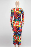 Многоцветные платья с юбкой в ​​стиле пэчворк с сексуальным принтом и U-образным вырезом на один шаг