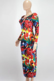 Meerkleurige sexy print-patchwork-jurken met U-hals en één stap rok