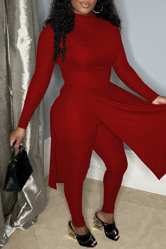 Red Fashion Casual Solid Slit Half A Turtleneck Long Sleeve Two Pieces
