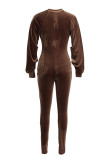 ブラウン ファッション カジュアル ソリッド パッチワーク ジッパー カラー レギュラー ジャンプスーツ
