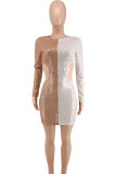 Witte mode sexy patchwork uitgeholde pailletten O-hals lange mouwen plus size jurken