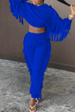 Синий модный повседневный твердый воротник с капюшоном и кисточками с длинным рукавом из двух частей