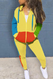Yellow Casual Print Patchwork Zipper Hooded Collar Long Sleeve Two Pieces