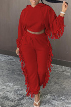 Due pezzi manica lunga colletto con cappuccio nappa tinta unita casual rosso moda