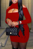 Rode mode sexy effen uitgeholde coltrui jurken met lange mouwen