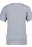 T-shirt con scollo a V patchwork stampa carattere carino casual grigio