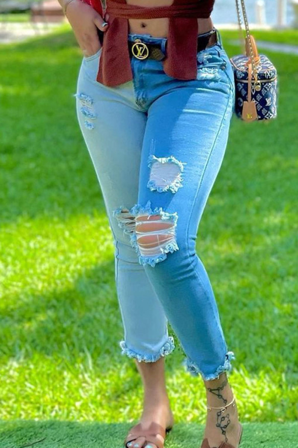 Blauwe casual stevige gescheurde oude patchwork jeans met hoge taille