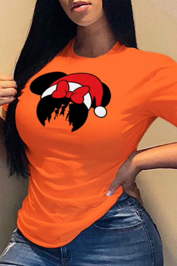 Orange, lässige, niedliche Patchwork-O-Ausschnitt-T-Shirts mit Charakterdruck