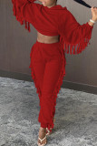 Красная мода повседневная твердая кисточка с капюшоном воротник с длинным рукавом из двух частей