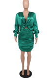 Зеленые модные сексуальные сплошные выдолбленные платья с длинным рукавом и V-образным вырезом