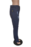 Blaue, lässige, solide, zerrissene Denim-Jeans mit mittlerer Taille und Boot-Cut