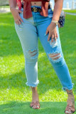 Blue Casual Solid Ripped Make Old Patchwork High Waist Denim Jeans