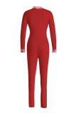 Röd Mode Casual Patchwork Basic Skinny Jumpsuits med blixtlåskrage