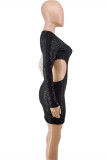 Black Fashion Sexy Patchwork Hollowed Out Sequins O Neck Long Sleeve Plus Size Dresses