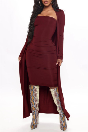Red Sexy Casual Solid Basic Long Sleeve Two Pieces