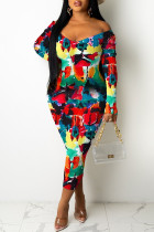 Robes jupe une étape multicolores à imprimé sexy en patchwork à col en U