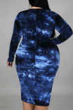 Vestidos de moda casual azul escuro estampa tie dye básico com gola redonda manga longa plus size