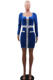 Blue Casual Solid Patchwork Buttons U Neck One Step Skirt Dresses
