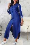 Vestido camisero informal con cuello vuelto y hebilla de patchwork liso azul Vestidos
