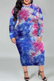 Deep Blue Fashion Casual Print Tie Dye Basic O Neck Long Sleeve Plus Size Kleider