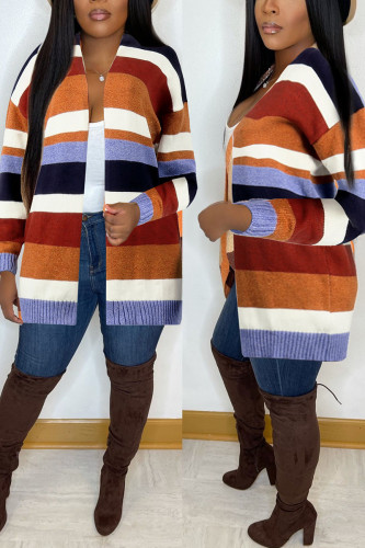 Orange Casual Striped Print Patchwork Outerwear