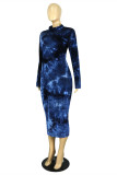 Deep Blue Fashion Casual Print Tie Dye Basic O Neck Long Sleeve Plus Size Kleider