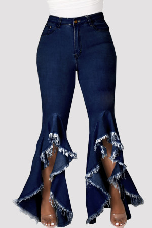 Dark Blue Fashion Casual Solid Patchwork High Waist Regular Distressed Jeans Bell Bottom Jeans