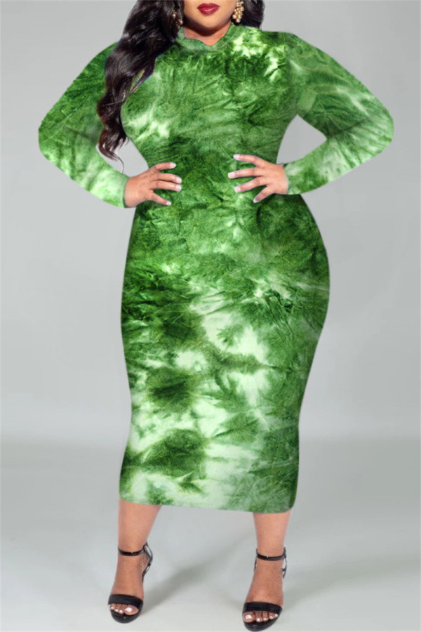 グリーンファッションカジュアルプリントタイダイベーシックOネック長袖プラスサイズのドレス